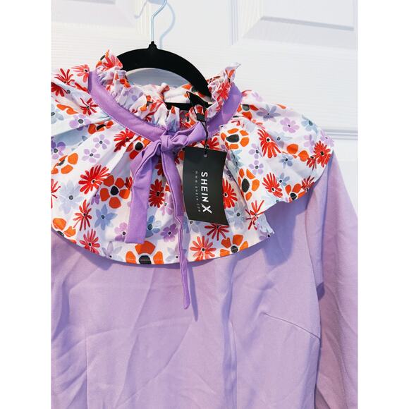 NWT Puff Sleeve Midi Dress Medium Floral Ruffle Collar Funky Eccentric Dopamine - Picture 6 of 7